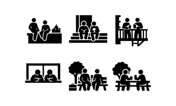 People sitting and social scenes icon set. bench, cafe window, balcony, waiting, picnic, chatting, meeting. flat vector icon set.