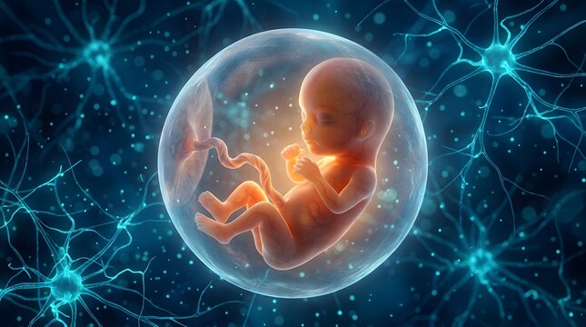 Conceptual illustration of human fetus developing inside womb surrounded by neural network.