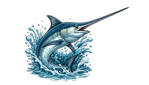 Vsai marlin fish leaping out of blue ocean water