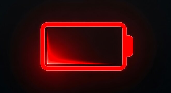 "Glowing neon red low battery icon floating in complete darkness, intense red light with subtle glow, minimalistic and powerful composition"