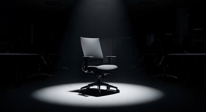 "Empty modern office chair dramatically illuminated by a single strong spotlight from above in a completely dark room, high contrast, moody and lonely atmosphere"