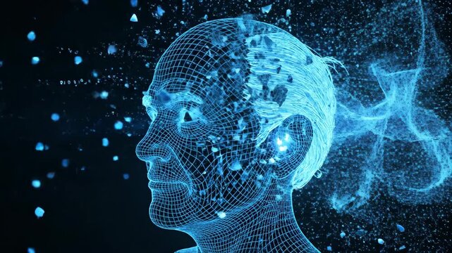 Blue Neon Wireframe Head of Older Man Disintegrating Into Digital Data Particles