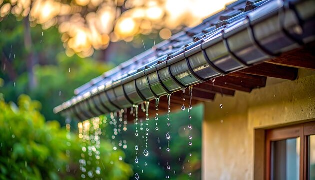 Raindrops fall from an eavestrough, a window and lush greenery visible in the background on a sunny day