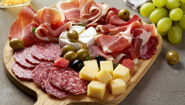 A beautifully arranged charcuterie board featuring cured meats, cheeses, olives, and grapes on a wooden platter.