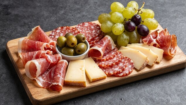 A beautifully arranged charcuterie board featuring cured meats, cheeses, olives, and grapes on a wooden platter.