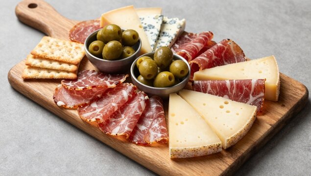 A wooden board featuring an appetizing arrangement of cured meats, assorted cheeses, olives, and crackers, ideal for a gourmet charcuterie display.