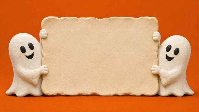Halloween greeting card background featuring friendly clay ghosts and empty sign