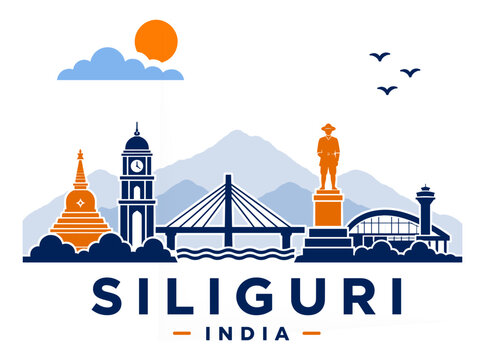 Minimalist flat vector illustration of Siliguri skyline, India