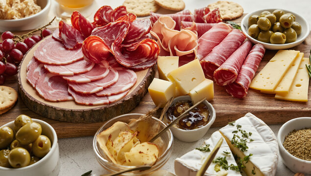 A beautifully arranged charcuterie board featuring cured meats, cheeses, olives, grapes, and accompaniments on a rustic wooden surface.
