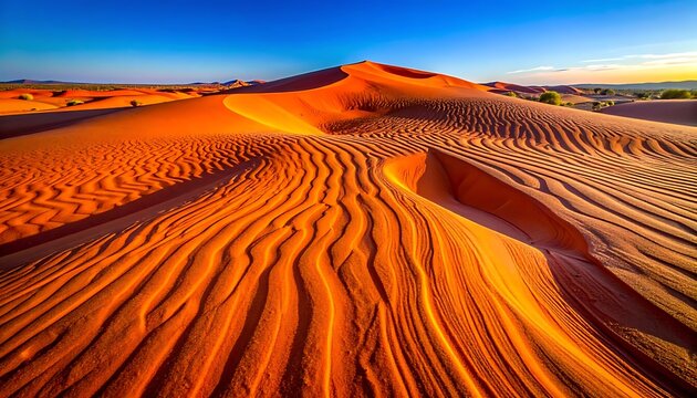 Vast desert landscape with undulating sand dunes, intricate ripple patterns, tire tracks, and distant settlement under a clear blue sky at sunset