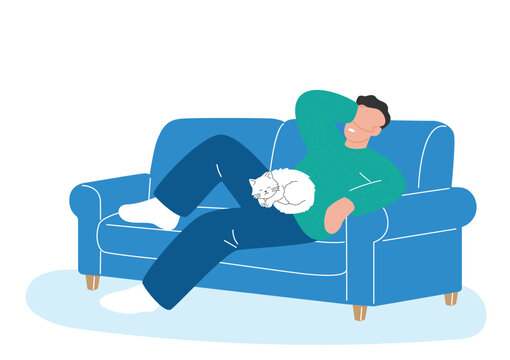 Tired Man Resting on Sofa with White Cat on Lap, Minimalist Flat Design Illustration