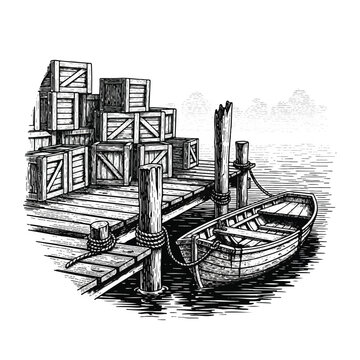 Old wooden boat on docked pier.