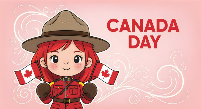 Canada day illustration cute mountie with flags celebrating canadian national holiday
