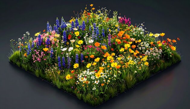 Vibrant isometric garden bed bursting with colorful wildflowers and lush green grass, evoking a sense of natural beauty and growth