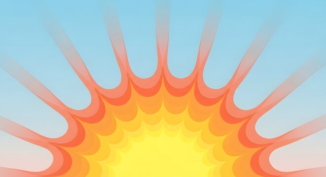 Vibrant sunburst radiating warm golden and red rays against clear blue sky