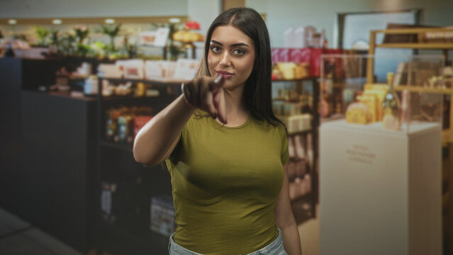 Young hispanic woman pointing finger at camera in a boutique gift store with shelves and product displays; confidence directness empowerment.