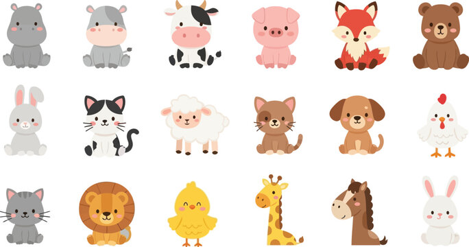 Cute cartoon animals pixel art collection Vector