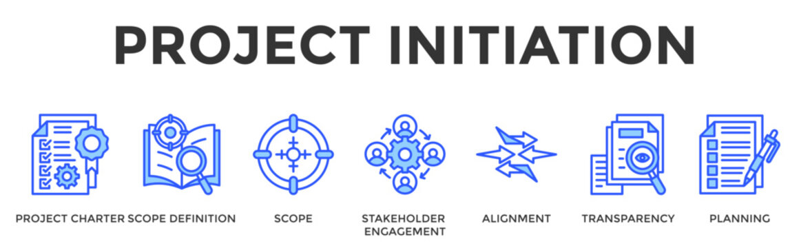 Project Initiation  Banner Web  Icon Set Collection Pack Vector Illustration Concept Containing Project Charter, Scope Definition, Scope, Stakeholder Engagement, Alignment, Transparency, Planning