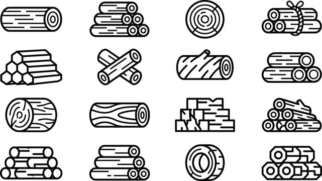 Wood Log Icon Set with Timber Bundles, Firewood Stacks, Tree Trunk Symbols and Lumber Industry Vector Collection