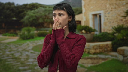 Naklejka premium Young hispanic woman wearing burgundy sweater with finger to lips for silence in front of building; hush.