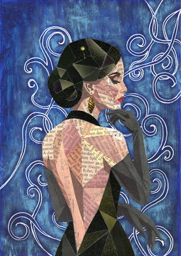 A female portrait in profile, created using collage technique. The girl's skin is created from scraps of paper with antique fonts and musical staves. Her updo and backless evening dress are formed fro