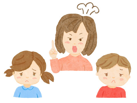 白バックにお母さんが子供に怒っている上半身イラスト