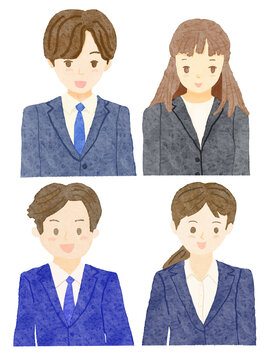 白バックにスーツを着た男女4人の上半身イラスト