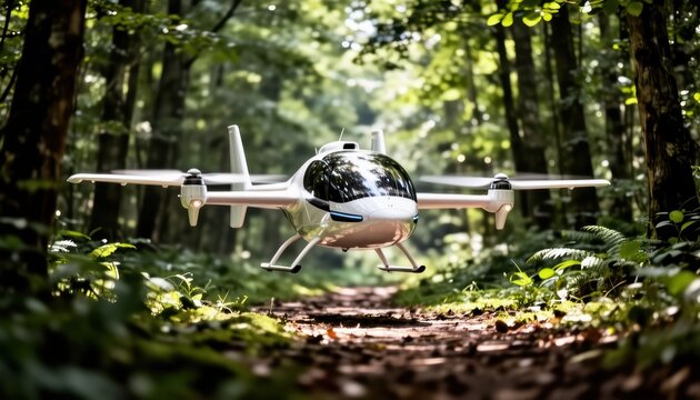 An eVTOL air taxi hovers above a forest path, showcasing its innovative design. The eVTOL air taxi blends with the greenery, demonstrating future transportation potential.