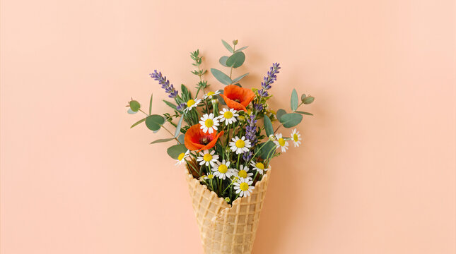 Waffle cone bouquet with wildflowers including red poppies, white daisies and purple lavender. Spring floral concept on pastel pink background for decorations and gifts