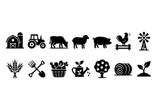 Bold farming glyph icon set with agriculture elements simple black vector logo collection on white
