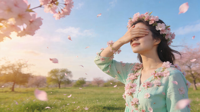 Woman with cherry blossom crown covering eyes amid falling petals in spring field. Renewal and peaceful hanami contemplation in blooming orchard landscape