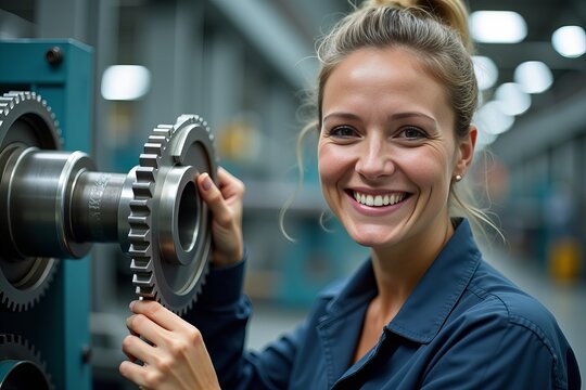 Close-Up Portrait of a Female Mechanical Engineer Smiling While Fine-Tuning Gears in a Manufacturing Plant.