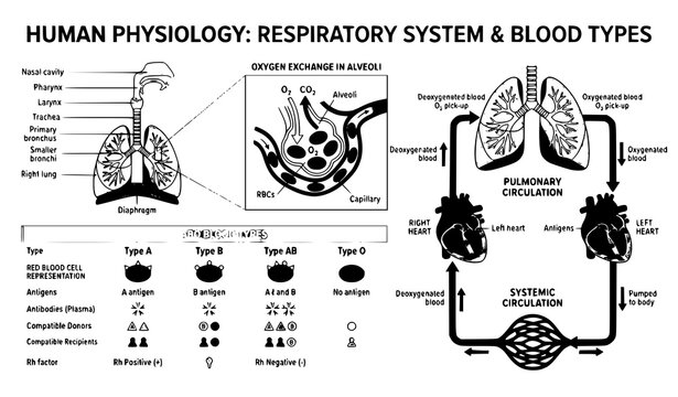 Human blood types and respiratory system educational medical infographic vector illustration on white background