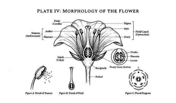 Scientific botanical line drawing of flower parts with detailed labeled structure vector illustration on white