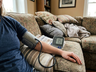 Obraz premium Woman Checking Blood Pressure with Digital Monitor at Home Sitting on Sofa