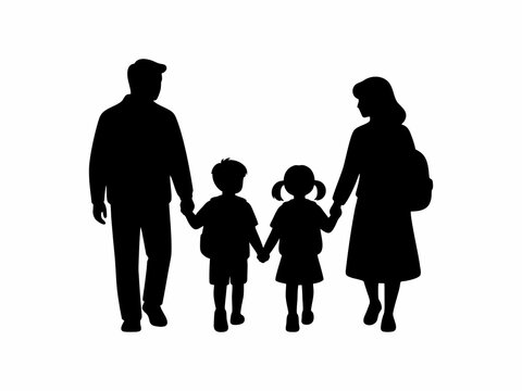 Happy Family with Children Walking to School Silhouette Isolated on White Background