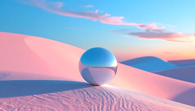 Surreal desert landscape with a reflective sphere at sunrise, soft pastel sky with clouds, rolling sand dunes, and a sense of mystery and tranquility