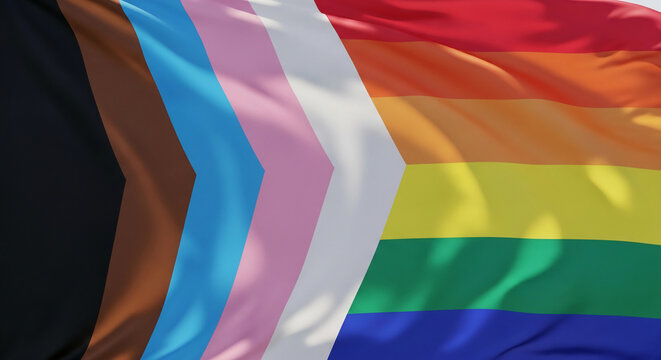 Close-up of a waving flag with rainbow, transgender, and intersectional pride stripes, symbolizing diversity, inclusion, and LGBTQ+ rights, representing community and celebration.