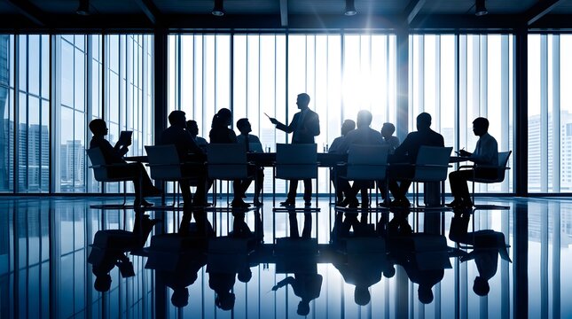 Business team silhouettes having a meeting in a modern office boardroom.