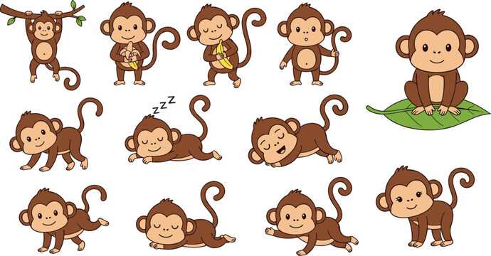 Cute Monkey Character Collection with Different Poses Activities and Expressions Cartoon Animal Set Isolated on White Background for Kids Vector Illustration