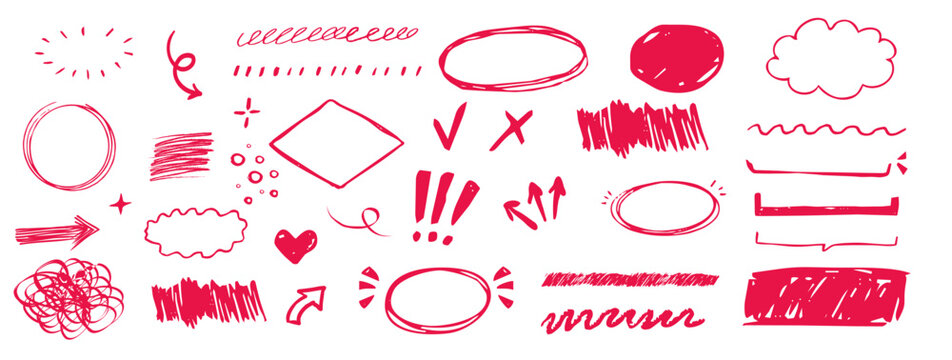 Highlight crayon scribble red crayon hand drawn round rough elements, borders, underlines set. Freehand ovals, arrows, scribbles doodle. Chalk pencil ellipse frames, 