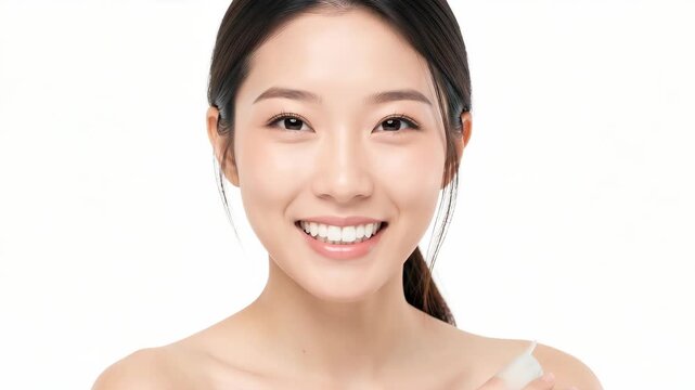 Happy young Asian female showing her clean and radiant complexion against a white background.