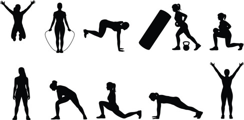 Female fitness silhouettes jumping rope stretching and lifting weights © MDRAJU