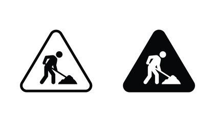 Construction site worker road sign vector icon set featuring silhouette of person digging with shovel inside triangle warning symbol in outline and solid black graphic styles for signage © Aura