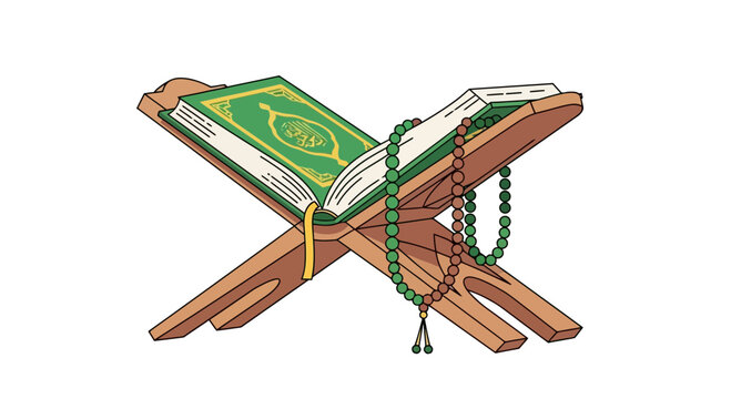 A colorful illustration of an open Holy Quran on a wooden lectern with a green bookmark and prayer beads, in a traditional Islamic art style, symbolizing spirituality and devotion in a seren