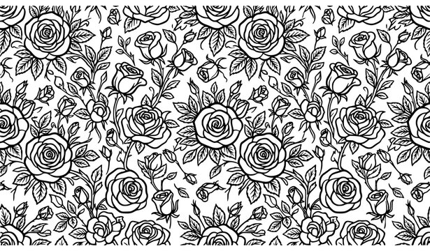 Seamless stylized rose floral pattern in black line art modern decorative botanical repeat on white