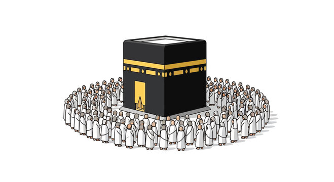 Pilgrims circumambulating the Kaaba during Hajj ritual in Mecca, Saudi Arabia, realistic depiction, religious ceremony, Islamic pilgrimage site