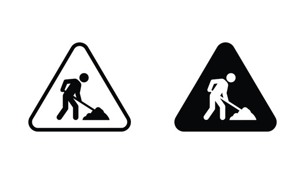 Construction site worker road sign vector icon set featuring silhouette of person digging with shovel inside triangle warning symbol in outline and solid black graphic styles for signage