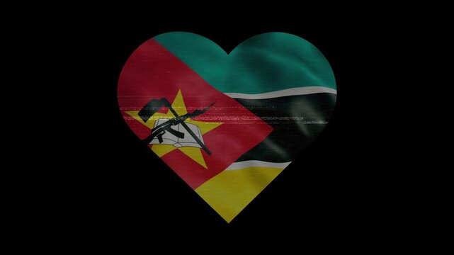 Patriotic Mozambique Heart Waving National Flag. Heart Shaped Mozambique Flag Animation with Retro Digital Glitch Effect.