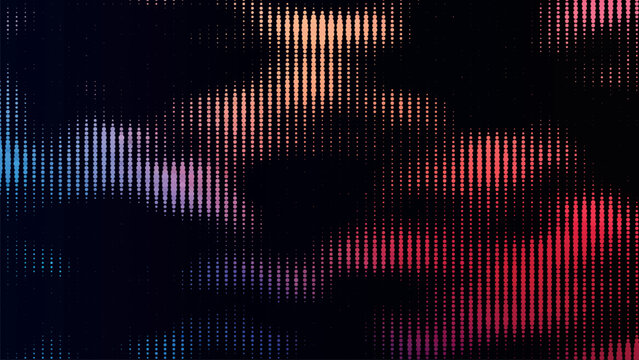 Vector abstract halftone dots gradient background. Colorful dotted soundwave shapes in blue, purple and red on dark. Modern digital music equalizer and data visualization concept.

